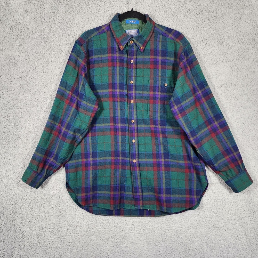 Vintage Lobo By Pendleton Virgin Wool Shirt Men L Green Plaid Button Up READ